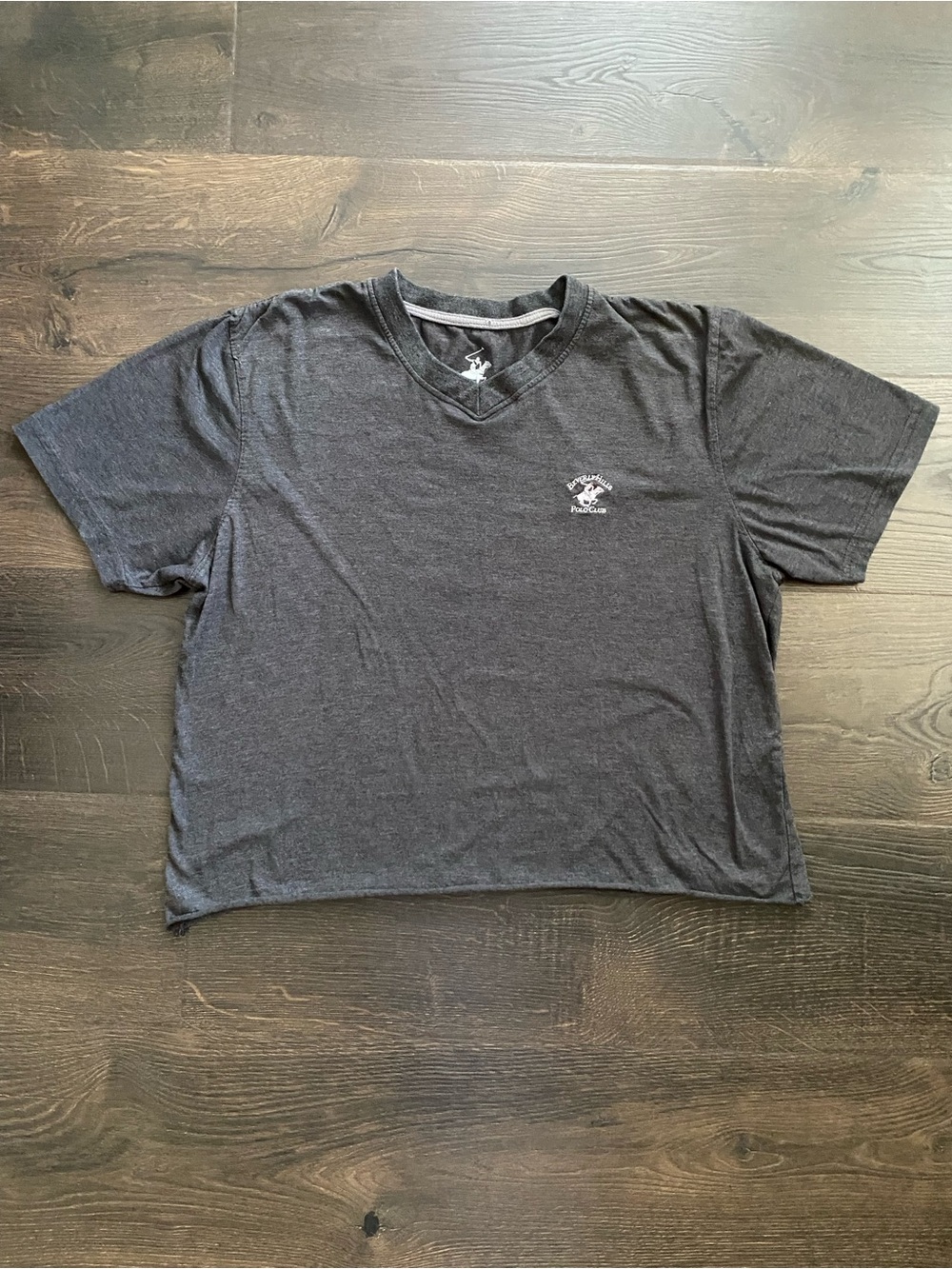 Men’s Large Cropped Raw Hem Charcoal Gray V-Neck T-Shirt